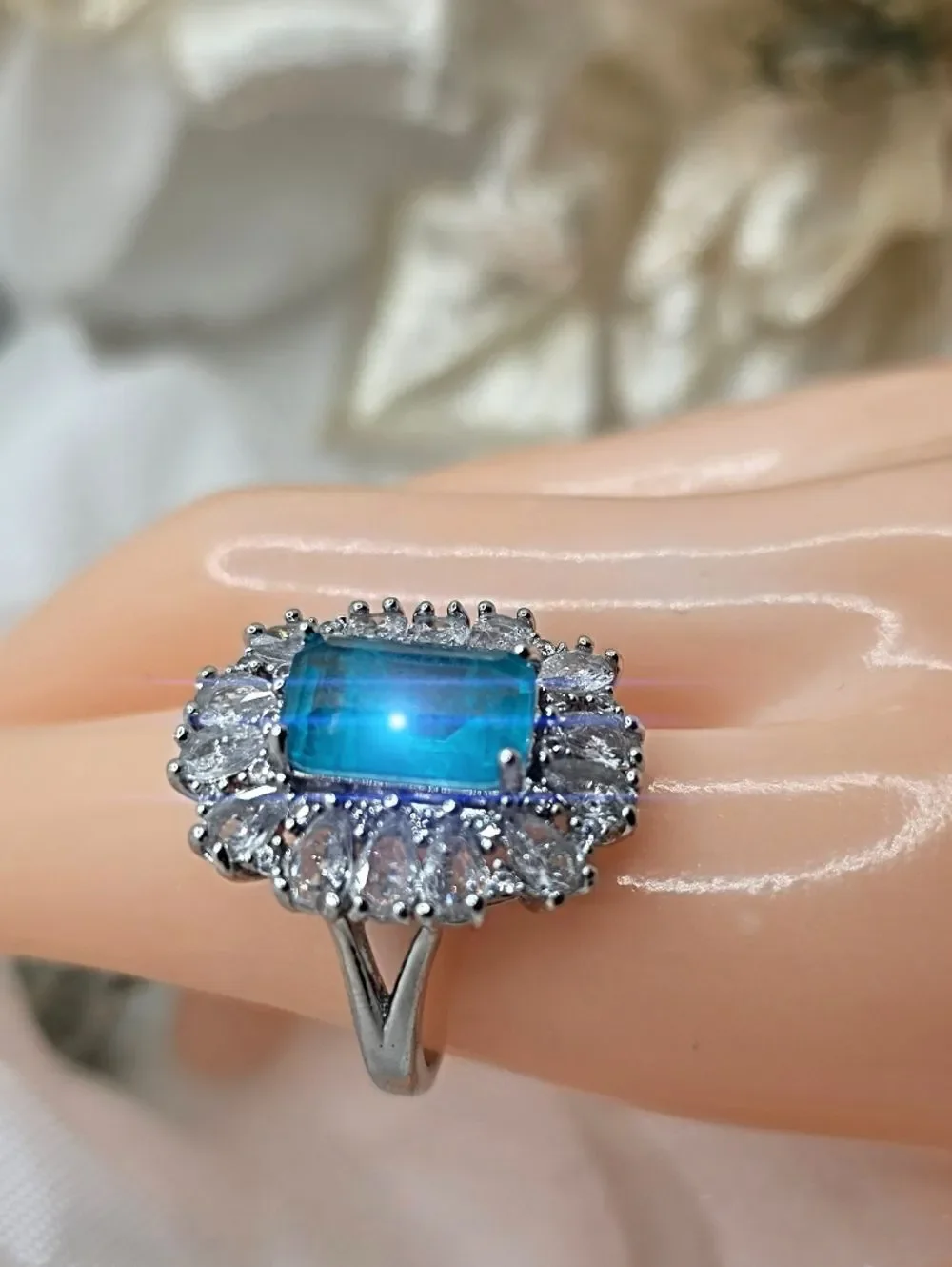 Neon Blue Paraiba & Clear Zircon Cocktail Ring 18K White Gold on 925 Silver